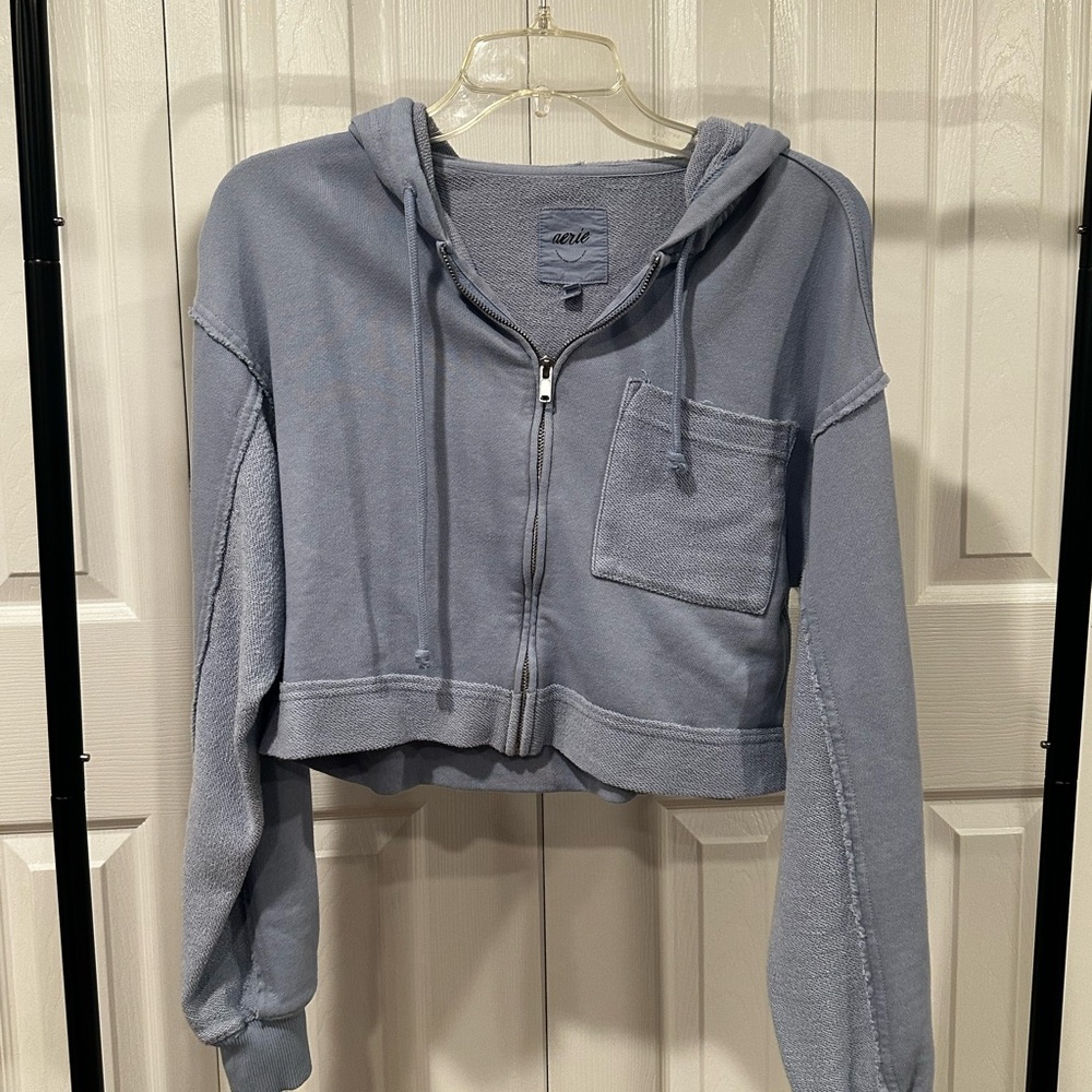 Aerie Light Blue Textured Cropped Hoodie